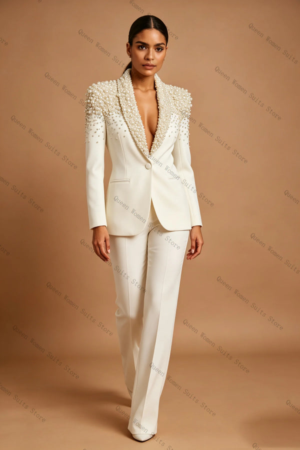 Luxury Pearls Women Suit Set 2 Pcs Cotton Blazer Pants Trousers Spring Formal Office Lady Jacket Wedding Coat Customized