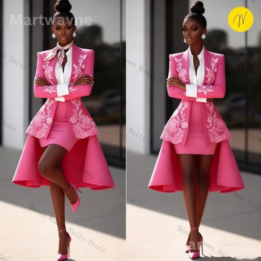 Pink Women Suit Pants Set 2 Pcs Blazer+Prom Dress Overskirt Appliqued Formal Office Lady Jacket Wedding Prom Coat Customized