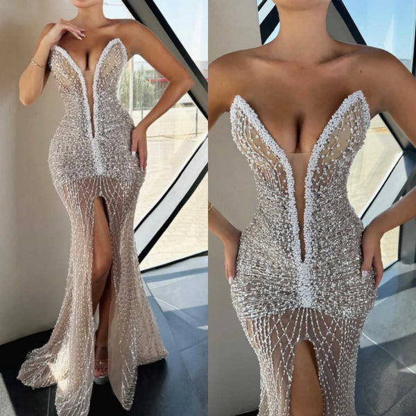 Elegant Strapless Sequined Evening Dresses Sexy High Front Slit Mermaid Prom Dress Customized Floor Length Sleeveless Party Gown