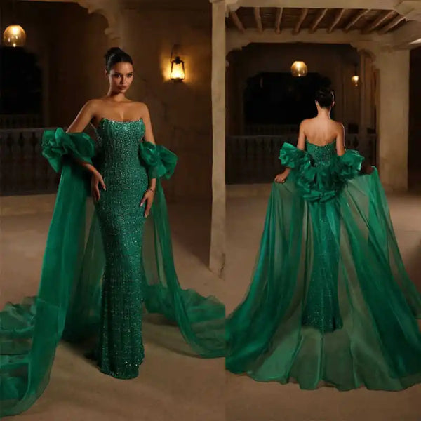 Sheath Mermaid Evening Dress Cape Sequined Beaded Strapless Prom Gown Sexy Sleeveless Floor Length Party Dresses Customized