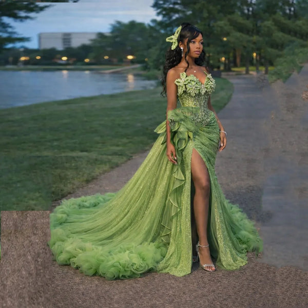 Army Green Prom Dress Mermaid Sequined Long Prom Dresses with Train Sweetheart Neck Evening Gowns Tulle Ruffled Custom Made