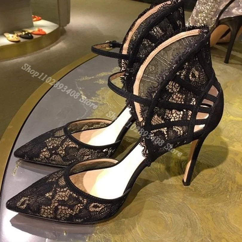 Black Air Mesh Lace Stiletto Pumps Pointed Toe Ankle Buckle British Style New Fashion Sexy Women Pumps 2024 Zapatos Para Mujere