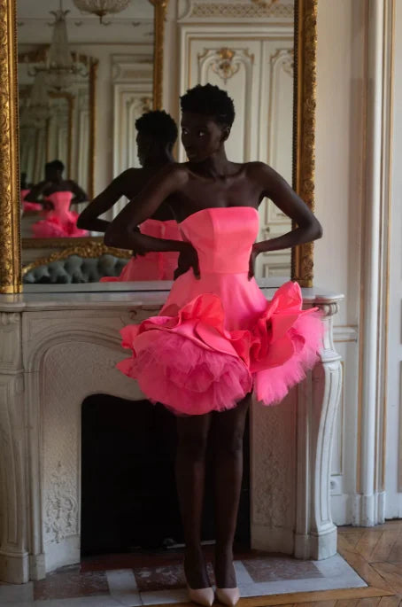 Pink Short Party Dresses Floral Design Sleeveless Tulle Mini Prom Dress A Line Chic Tulle Pleated Mini Flower Prom Gowns
