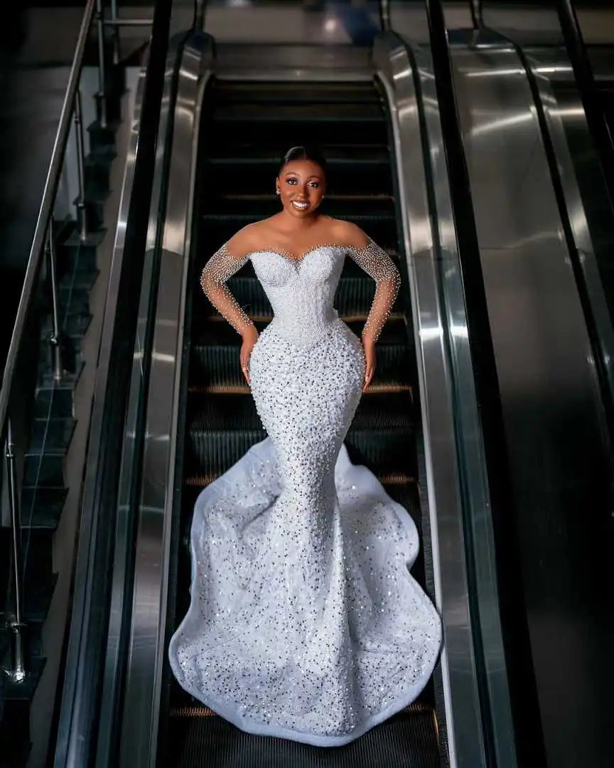 Sexy Mermaid Wedding Dress Pearls Sequins Off Shoulder Long Sleeve Bride Gowns Charming Floor Length Bridal Dresses Customized
