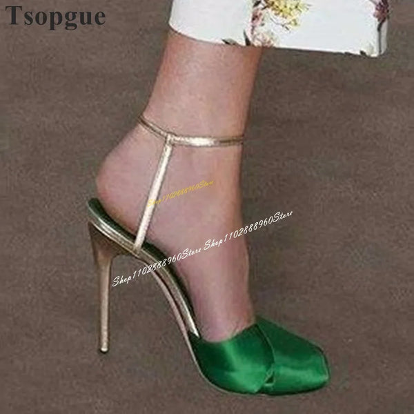 Runway Trendy Green Silk Shallow Sandals Thin High Heel Women Shoes Ankle Buckle Strap Round Toe 2024 Sexy Zapatos Para Mujere