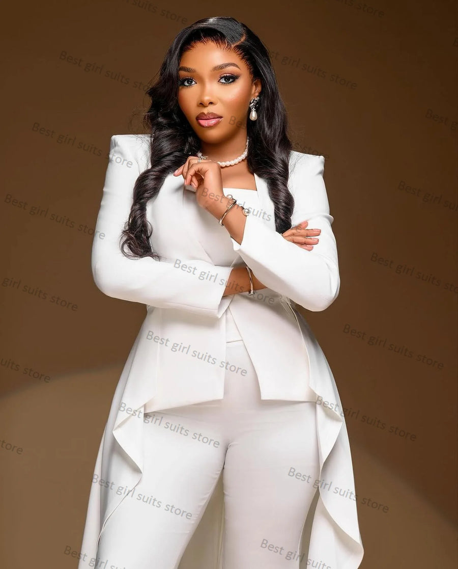Elegant White Women Suit Pants Set 2 Piece Jacket With Train+Trouser Formal Office Lady Blazer Guest Tuxedo Tailored Prom Dress