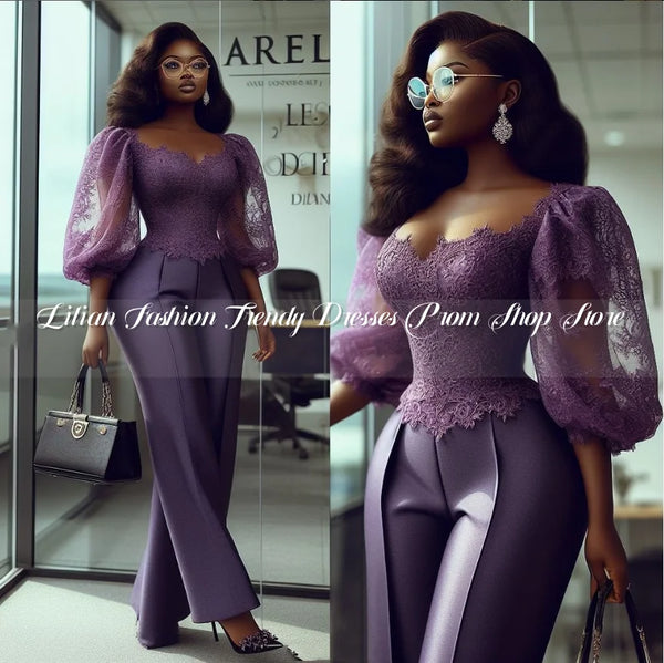 Grape Purple Mother of the Bride Dress 2025 Fashion Chiffon Fluffy Half Sleeve Women's Party Trousers Dress Custom فساتين سهرات