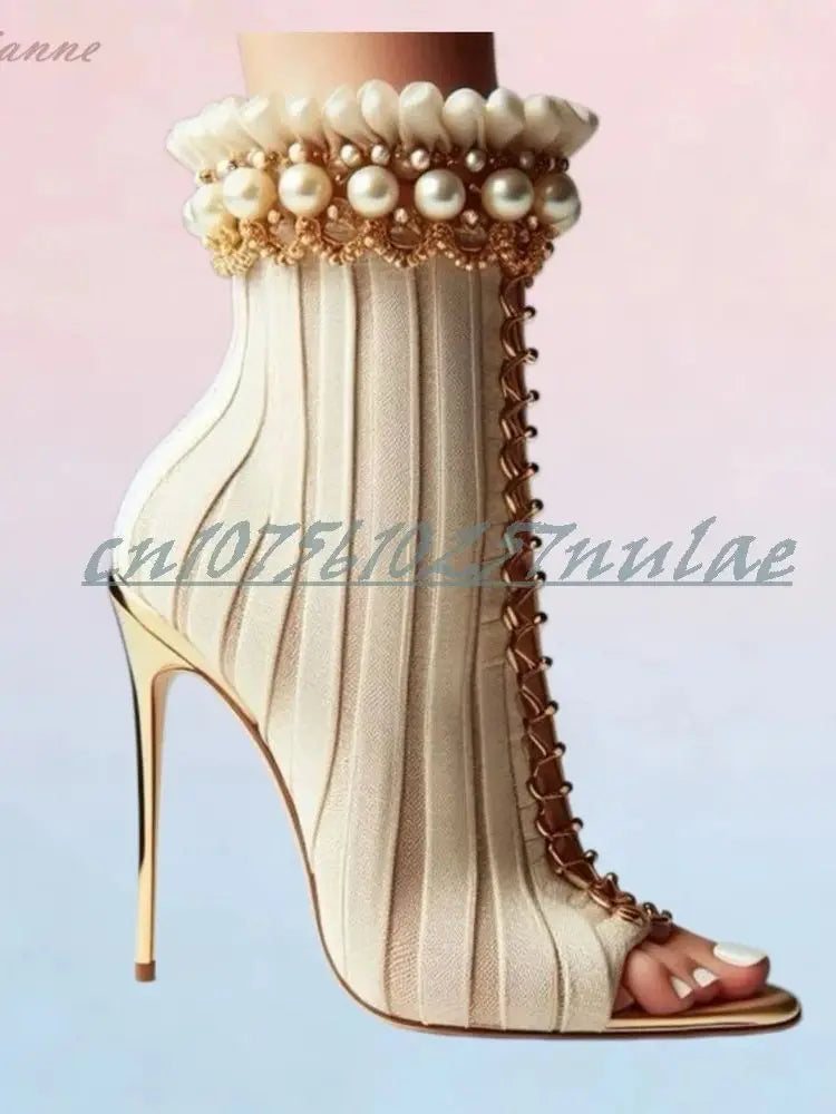 Beige Side Lock Decor Strappy Pumps Open Toe Elegant Party Stiletto High Heel Fashion Shoes for Women Spring Pearls Cross Tied