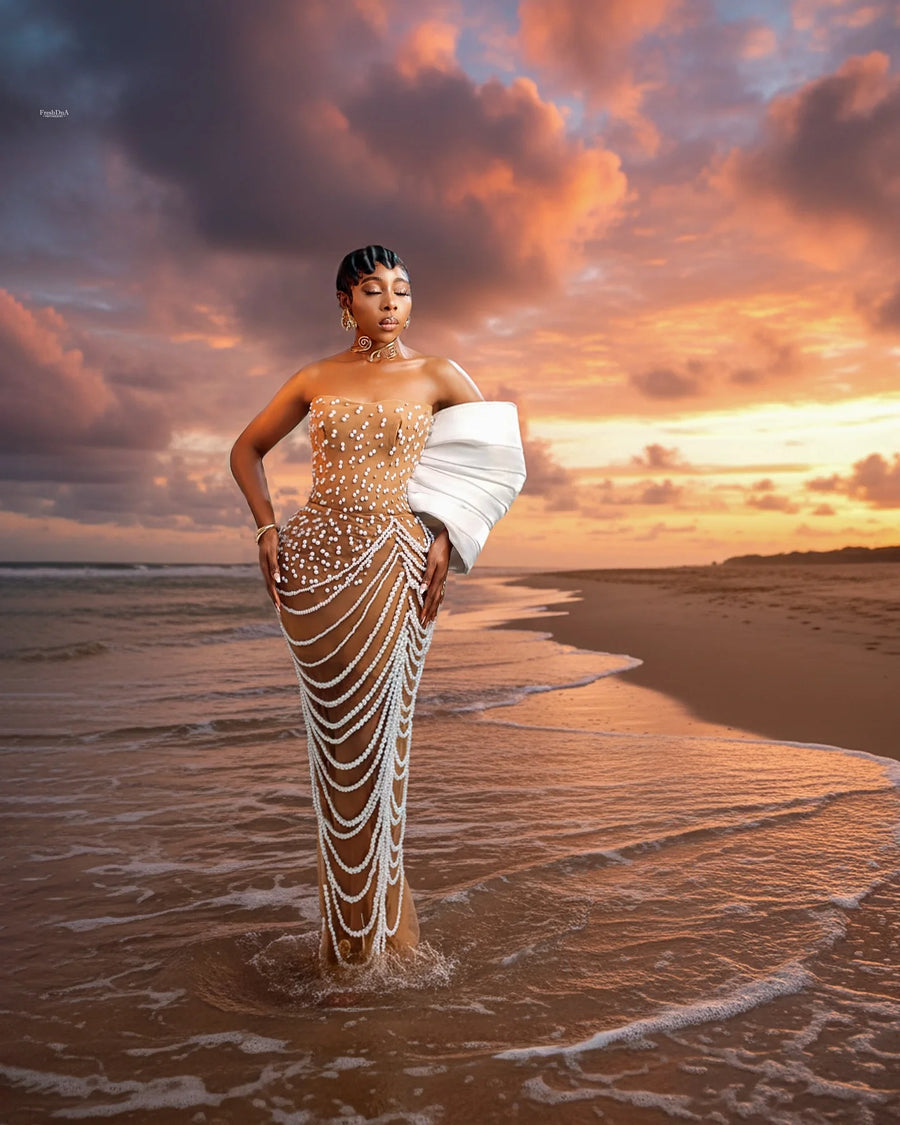 Amazing Luxury Pearls Long Straight African Formal Party Dresses With Lace Up Back Handmade Women Dress