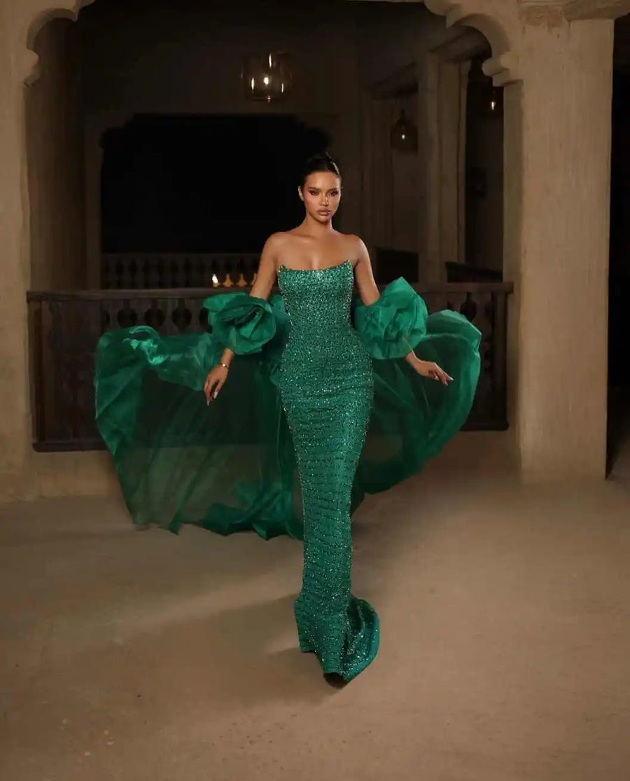 Sheath Mermaid Evening Dress Cape Sequined Beaded Strapless Prom Gown Sexy Sleeveless Floor Length Party Dresses Customized