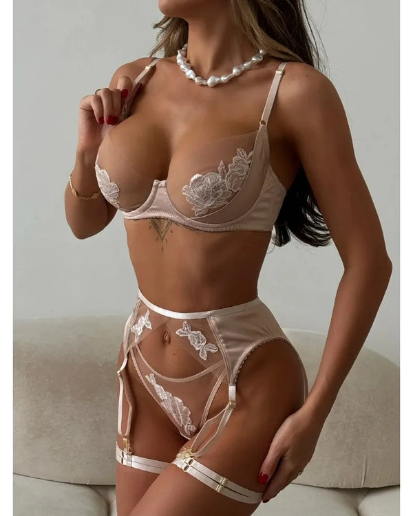 Sexy Bra Set for Women Mesh Spliced Embroidered Sexy Underwear Thin Mesh Contrast Color Patchwork Sexy Lingerie Suit