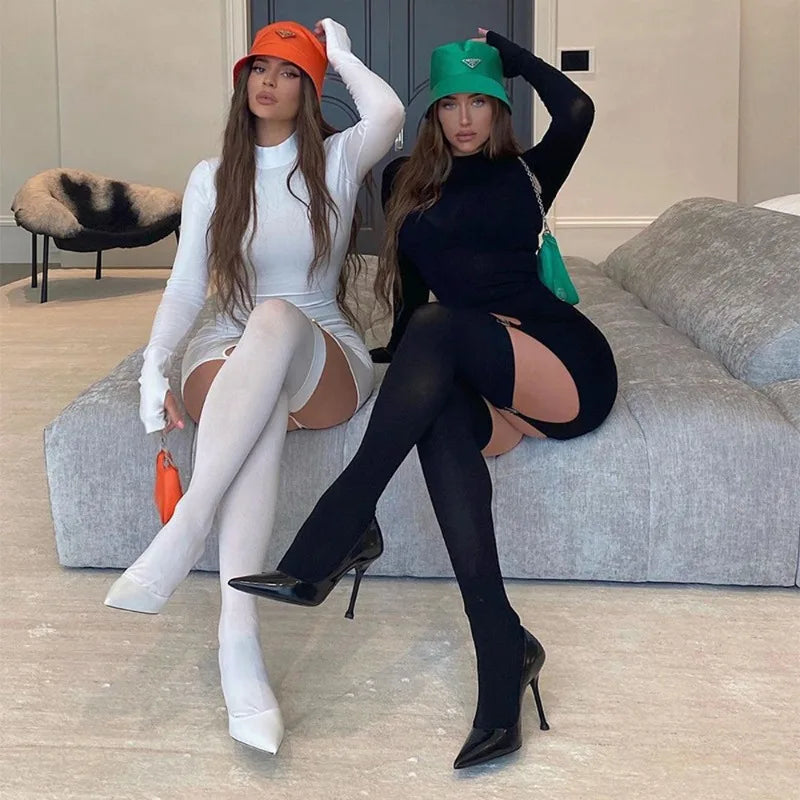 Bodycon Mini Dress with Stockings Women Solid Fashion Sexy Turtleneck Gloves Long Sleeve Slim Hipster Basic Dresses Clubwear