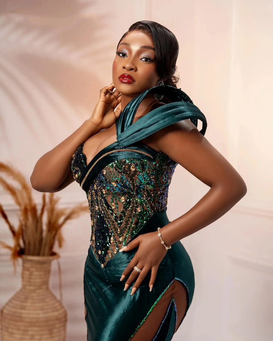 Beaded Crystals Evening Formal Party Second Engagement Birthday Gowns Dresses ZJ123  Aso Ebi Dark Green Mermaid Prom Dresses