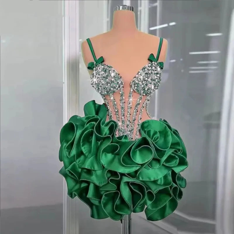 Customized Mini Sparkling A-Line Diamond Cocktail Ball Dress Sexy V Tie Bow Suitable For Birthday Parties And Homecoming Dress