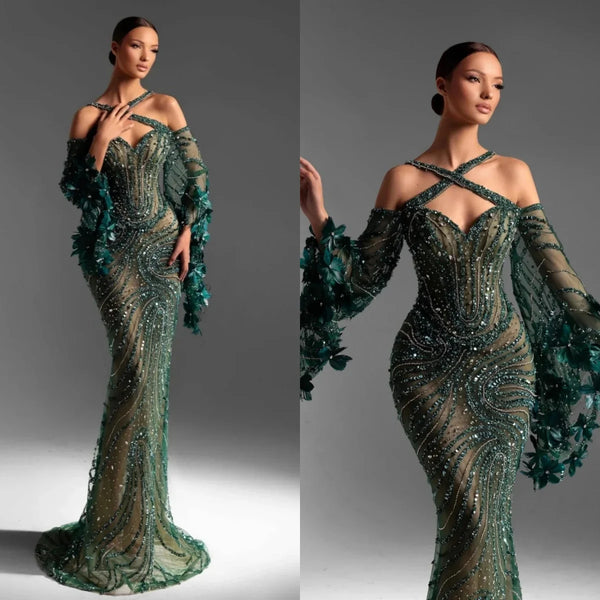 Luxury Beading Sequined Prom Dresses Elegant Flare Sleeve Appliques Evening Dress Floor Length Lace Party Gown Customized