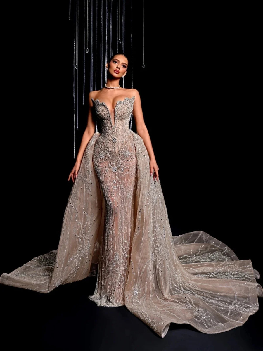 Sexy Strapless Sequined Mermaid Evening Gown Sleeveless Crystal Prom Dress Detachable Train Party Gown Customized