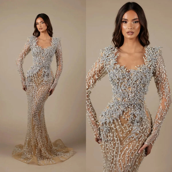 Exquisite Mermaid Wedding Dresses Pearls Crystal Bridal Gowns Sequins Long Sleeveless Illusion Customized Vestidos De Novia
