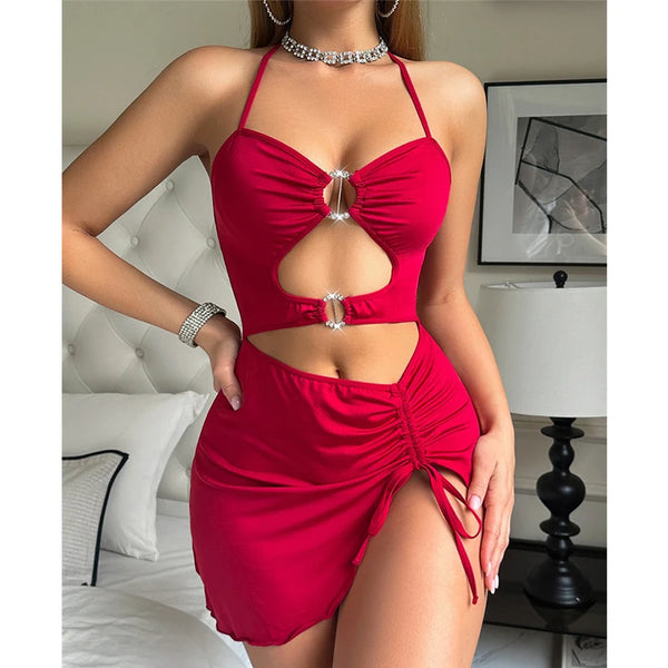 Sexy Women's Pajamas Halter Night Dress Wine Red Hollow Nightgown Bodycon Home Wear One Piece Pajamas Slim Height Slit Nightwear