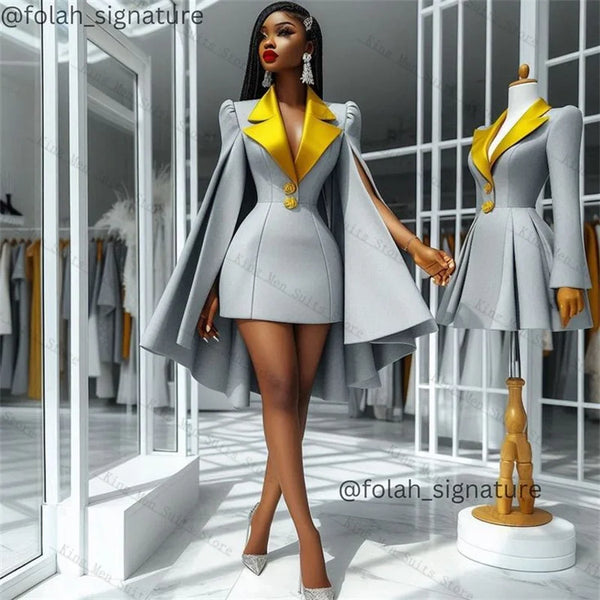 Grey Yellow Women Suit Skirt 1 Piece Long Blazer Prom Dress Customized Split Sleeves Formal Guest Wedding Tuxedos Party Coat