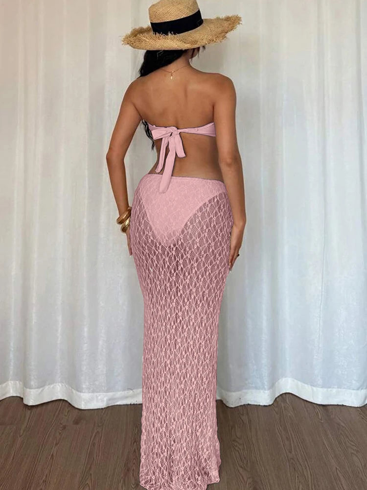 Starfish Metal Women 2 Piece Set Summer Vacation Beach Jacquard Strapless Tops+Skirt Elegant Matching Clubwear Suit