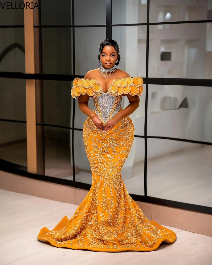 Luxury Mermaid Evening Dress 3D Round Shoulder Detail Crystal African Women's Wedding Beaded Corset Ball Dress Customization