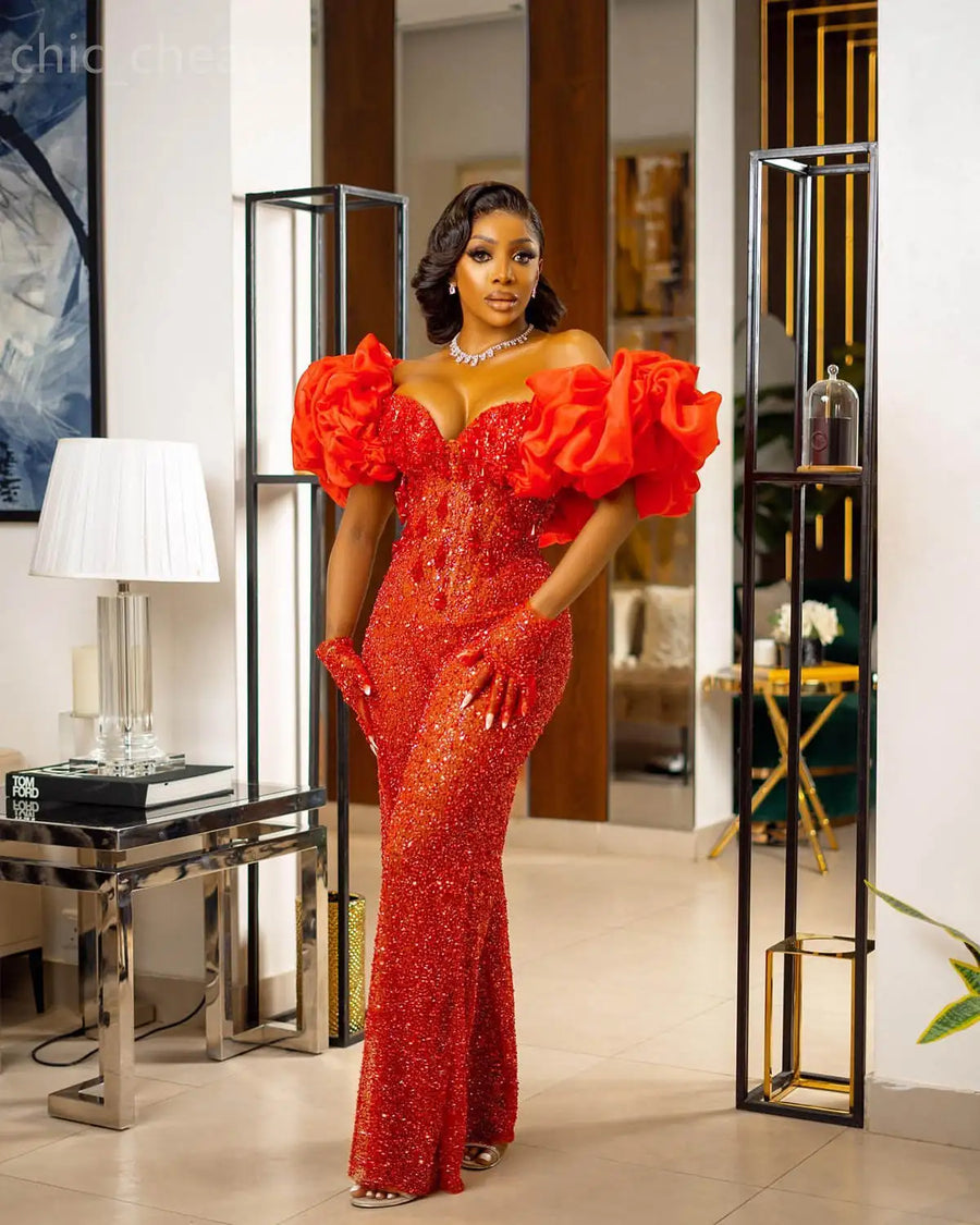 Luxurious Beaded Prom Dresses Off The Shoulder Sequined Evening Dress Ruffles Sleeve Jumpsuits Celebrity Party Gown