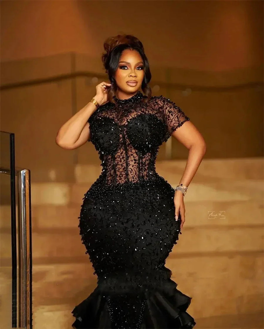 Black Beading Mermaid Evening Dresses Pearl Sequin Tiered Black Girl Birthday Party Prom Dress Customized