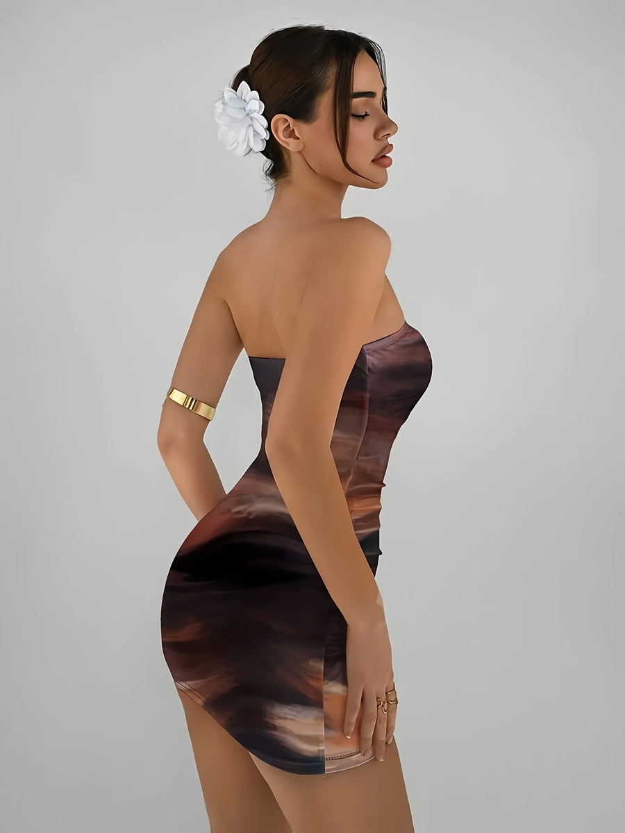Elegant Women's Knitted Gradient Print Mini Dress Spring Summer New Style Party Holiday Sexy Strapless Slim Fit Gown