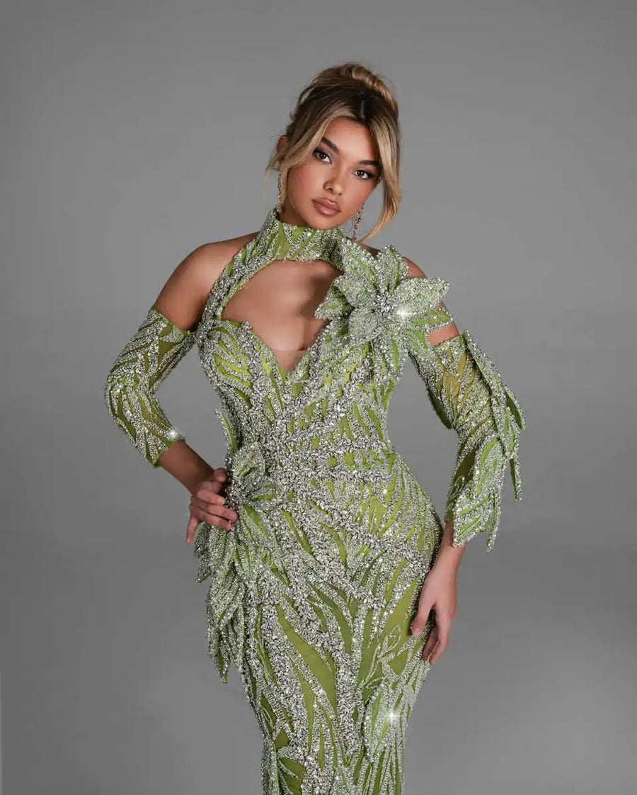 Ethereal Evening Dresses Mermaid Halter Sequined Rhinestones Half Sleeve Prom Gowns Party Dresses Custom Made Robe De Soirée