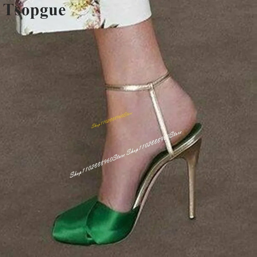 Runway Trendy Green Silk Shallow Sandals Thin High Heel Women Shoes Ankle Buckle Strap Round Toe 2024 Sexy Zapatos Para Mujere