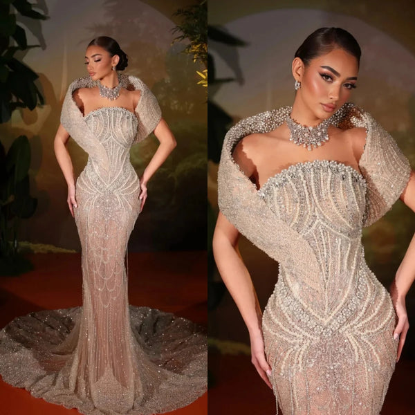 Elegant Strapless Wedding Dresses Sexy Beaded Lace Crystal Wedding Dress Sweep Train Tassel Pearls Customized Bridal Gowns