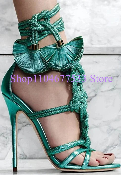 Fashion Knot Fringe Thin Heel Lady Sandals Classical Design Cross-tied Lace-up Woman High Heels Sandals Shoes Sexy Dress Pumps