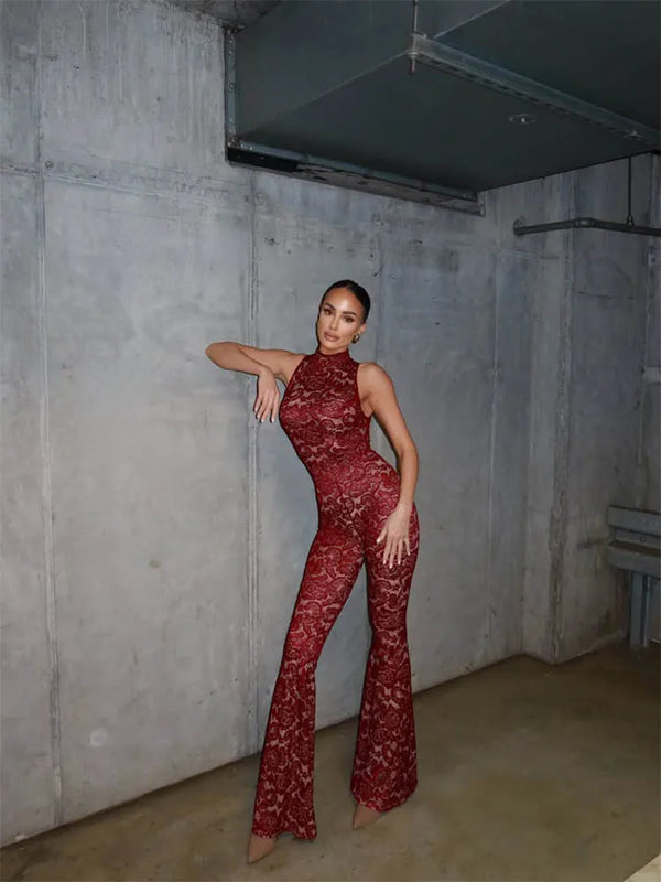 Lace Sheer Elegant Women Jumpsuits Skinny Sexy Club Sleeveless O Neck Tompers Female Outfits Solid Party Streetwear