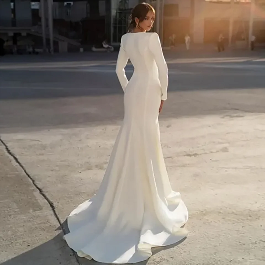 Customized Elegant White Shiny Beaded V Neck Mermaid Satin Wedding Dresses 2026 Long Sleeve Sweep Train Tulle Zipper Bridal Gown