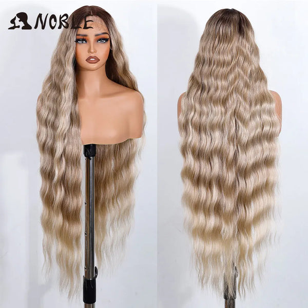 Noble Synthetic Lace Front Wig 36 " Long Wavy Lace Part Body Wavy Golden Wig For Women Lace Front Wig Ombre Blonde Cosplay Wig