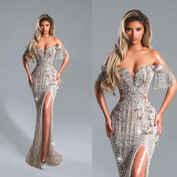 Luxury Sheath Gown Evening Dresses Sequins Tessel High Slit Celebrity Party Prom  Dresses Plus Size Color Customized