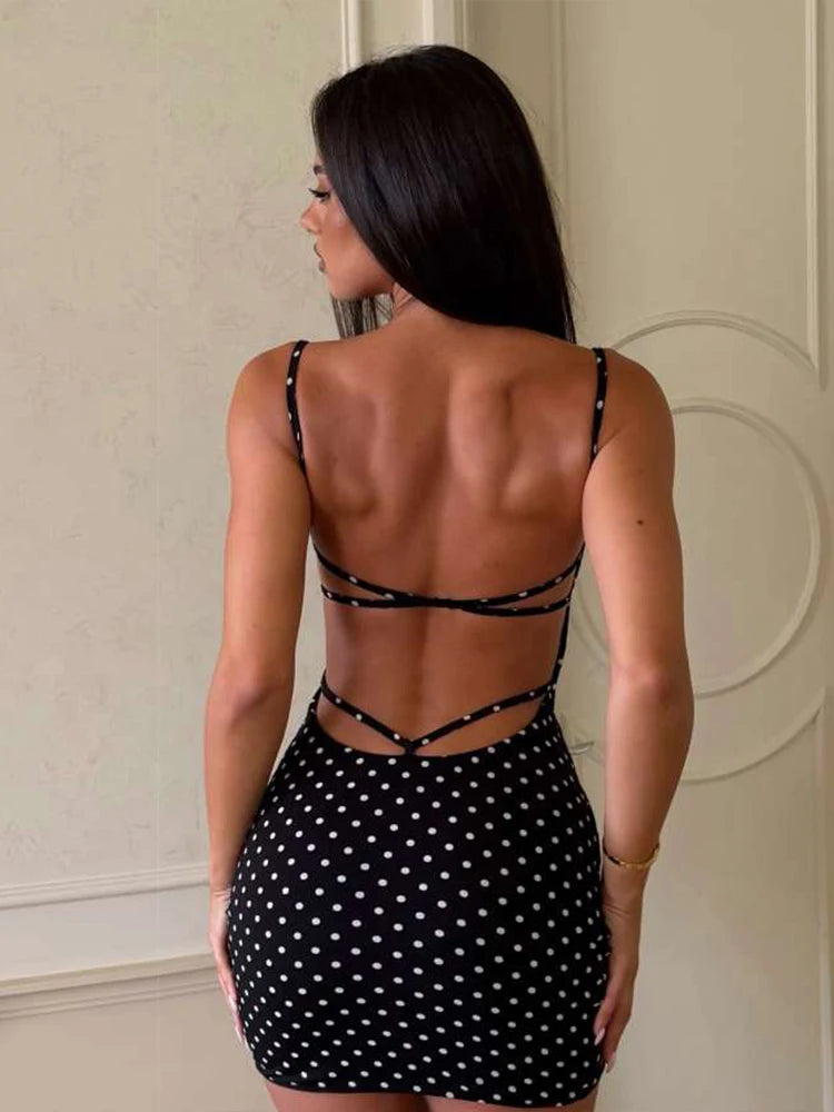 Sexy Fashion Mini Dress Woman Polka Dot Print Low-Neck Backless Skinny Peach Hip Hottie High Street Elegant Style Bodycon