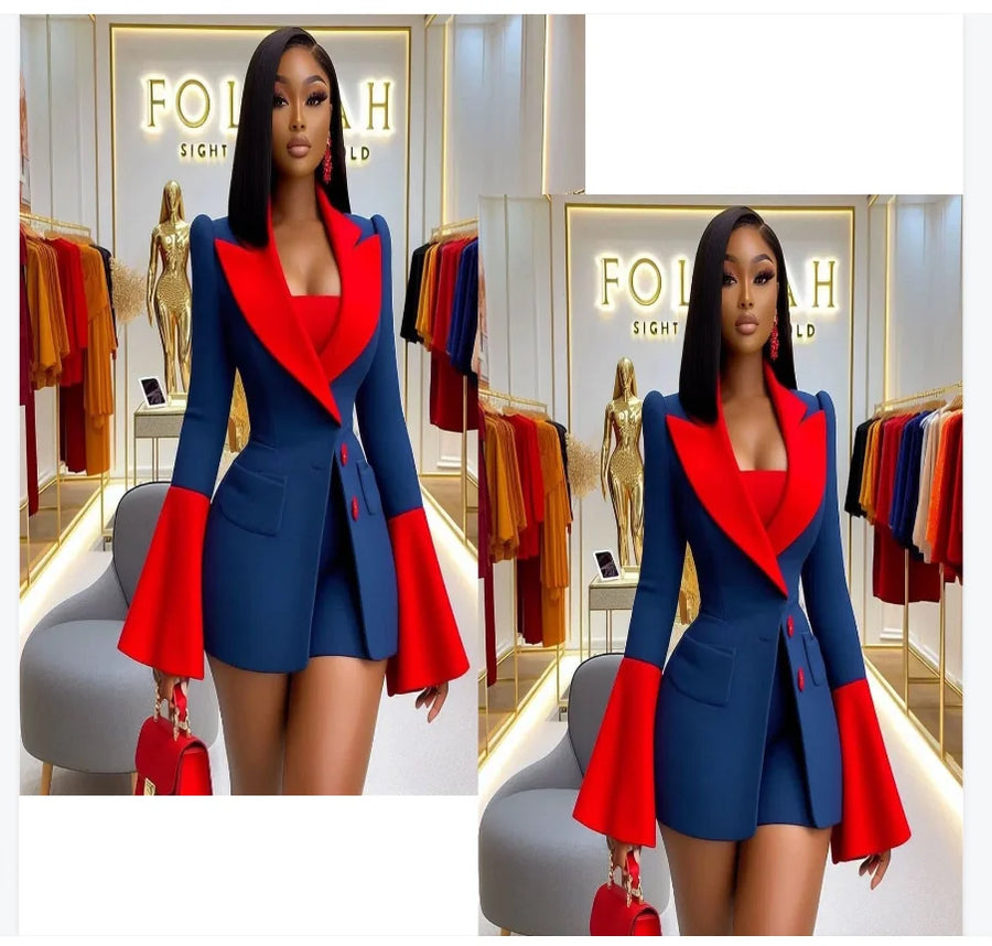 Red Blue Women Suit Set 3 Pcs Top Bra+Blazer+Short Pant Trouser Cotton Formal Office Jacket Customized Wedding Tuxedo Guest Coat