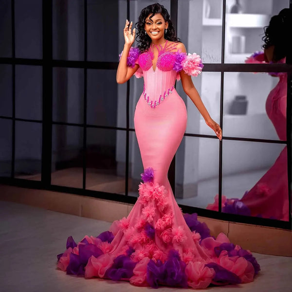 Colorful Ruffles Flower Mermaid Prom Dresses Sheer Neck Beaded Pink Evening Gowns African Sweep Train Formal Party Dress