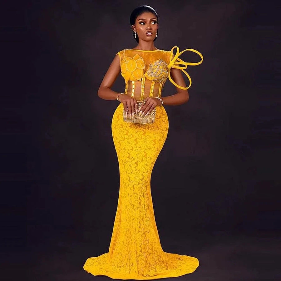 New Sheer neck Exposed Boning Aso Ebi Evening Dress Black Girls Lace Mermaid Prom Dresses