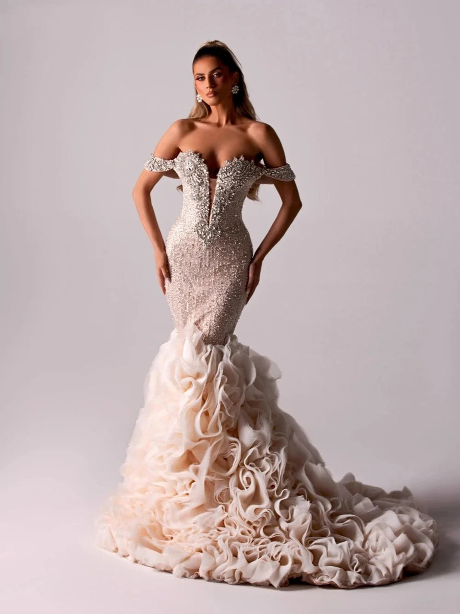 Sexy Off The Shoulder Mermaid Wedding Dress Modern Crystal Beaded Bride Dresses Ruffle Ruched Sequined Lace Bridal Gown