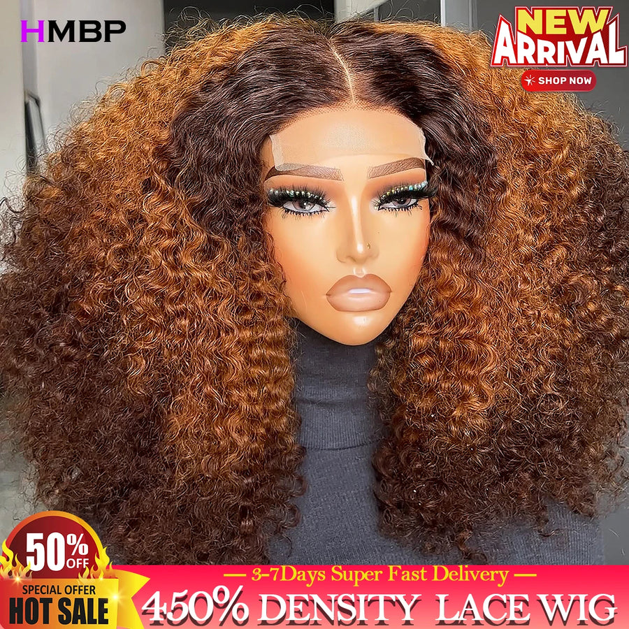 Highlight Glueless Wigs Human Hair Kinky Curly 450 Density Ombre 13x6 Lace Frontal Wig Human Hair Wear Go Preplucked Curly Wigs