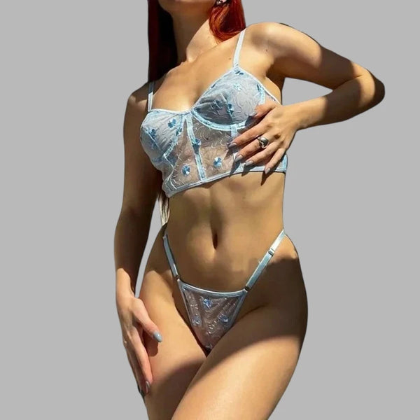 Sexy Lingerie Mesh Embroidered Flowers Underwire Fishbone Sexy Floral Transparent Lace Underwear Sexy Lingerie Suit