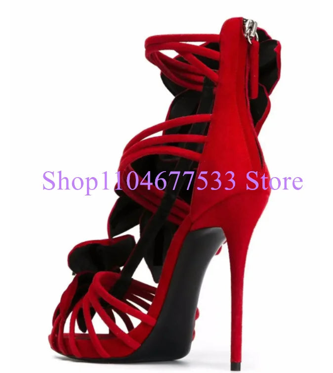 Red Color Flowers Lady Sandals Fashion Crystal Woman High Heels Sandals Sexy Thin Heel Pumps Single Shoes Female Party Shoes
