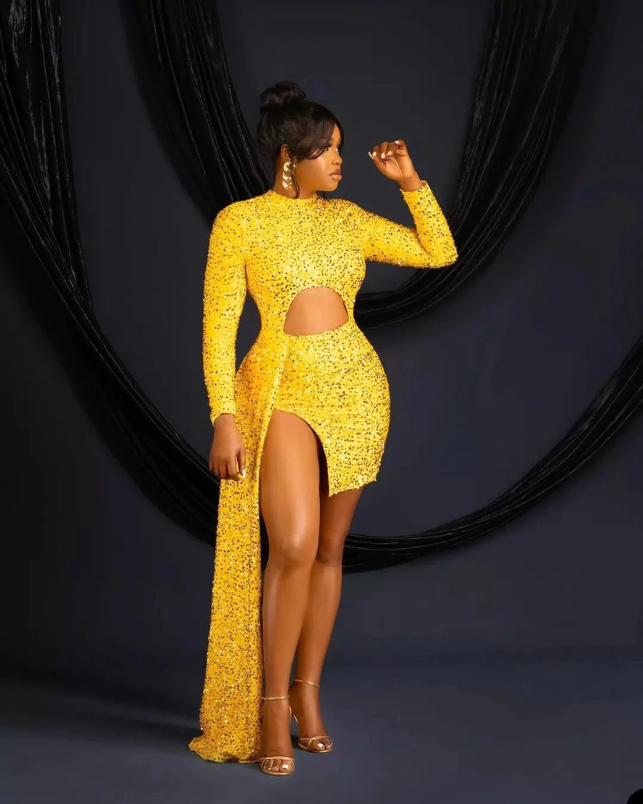 Plus Size Cocktail High Low Formal Party Dress Aso Ebi Srabia Long Sleeves Prom Dresses Bright Sequined Short Evening Gowns 2025