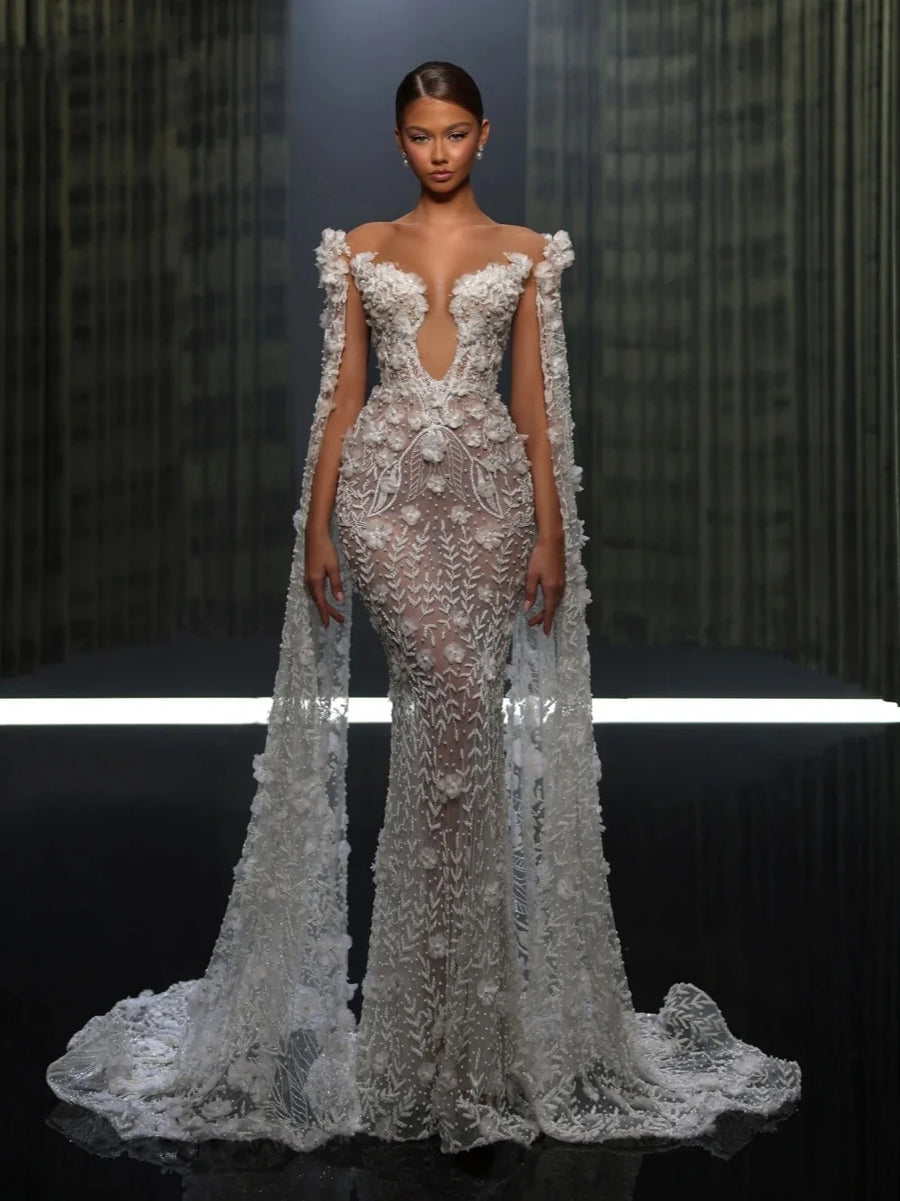 Fashion Strapless Lace Mermaid Wedding Dress Sexy See Through Bridal Gown Floor Length Floral Appliques Bride Dresses Customized