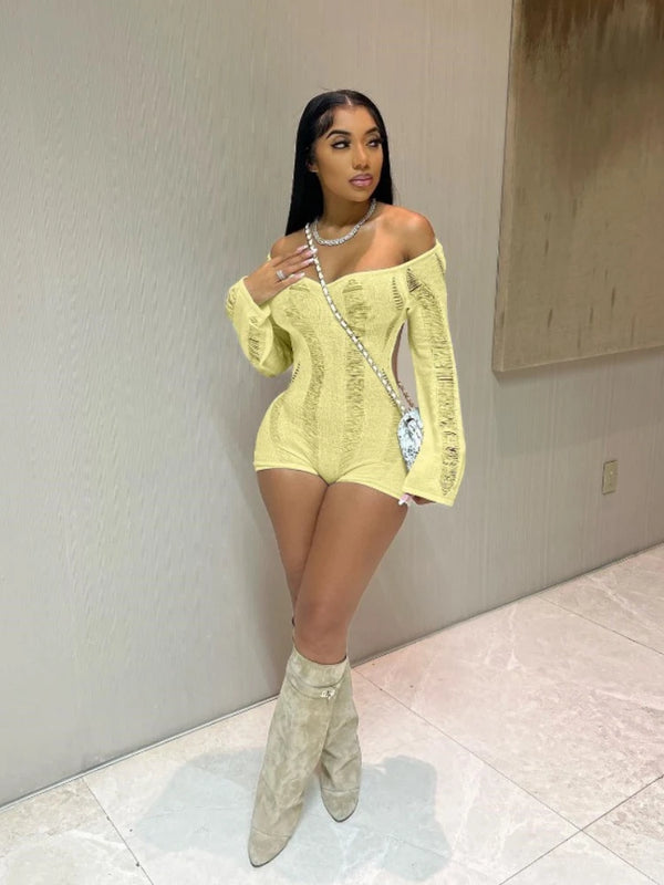 Rip Romper Women See Through Summer One Word Collar Backless Sexy Skinny Fitness Playsuit Activity Party Clubwear