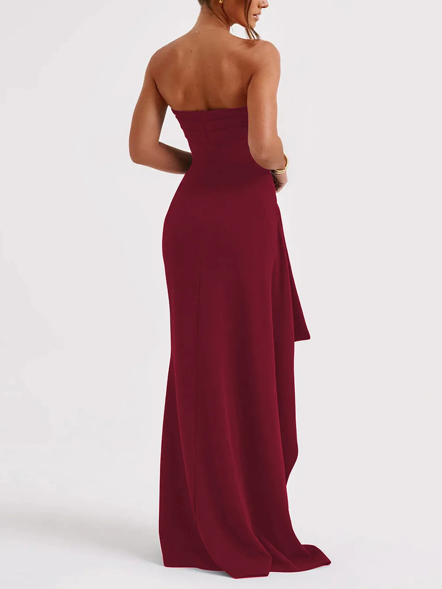 spring new elegant temperament solid color strapless shoulder tight waist high slit little dress dress