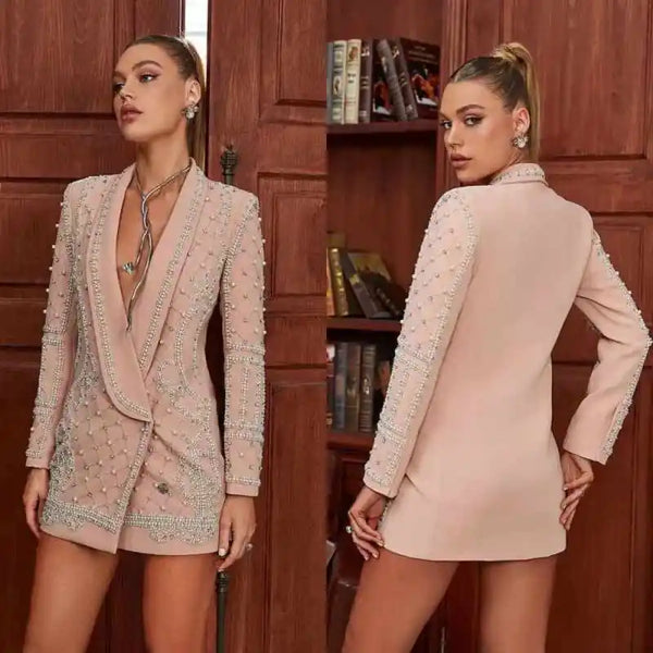 Sexy Shawl Lapel 1 Piece Women Dresses Full Sleeve Mini Skirt Beaded Blazer Party Gown Streetwear Power Formal Customized