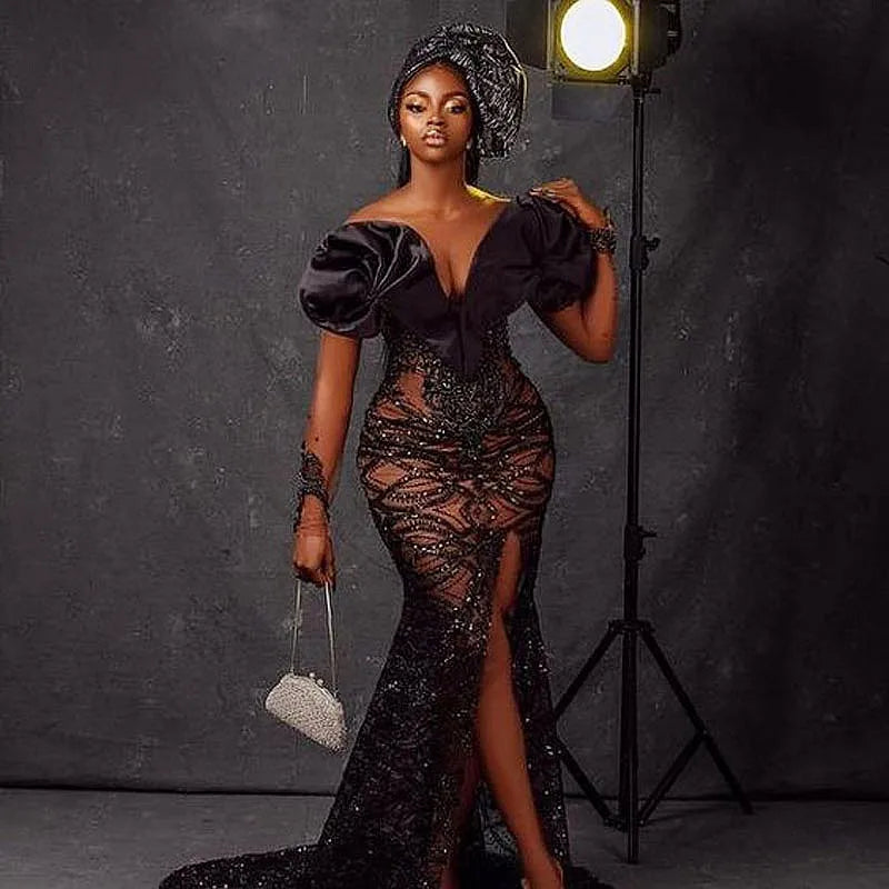 Sexy Evening Dresses Mermaid abendkleider Aso Ebi Prom Dress Long Sleeve Split vestido de festa Formal Party Gowns Sequin